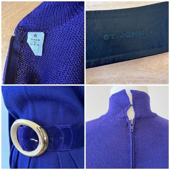 ST JOHN VTG 80S DRESS SANTANA KNIT TULIP PLEATED FRONT BELTED MOCK NECK PURPLE 4 - Picture 13 of 13